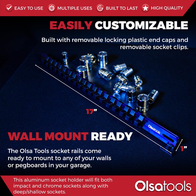 Olsa Tools Aluminum Socket Organizer with Locking End Caps - 3/8-Inch Drive - Blue Socket Holder Rails for Chrome or Impact Sockets - Compact and Durable Socket Storage Solution - Part: 1175 - Image 3